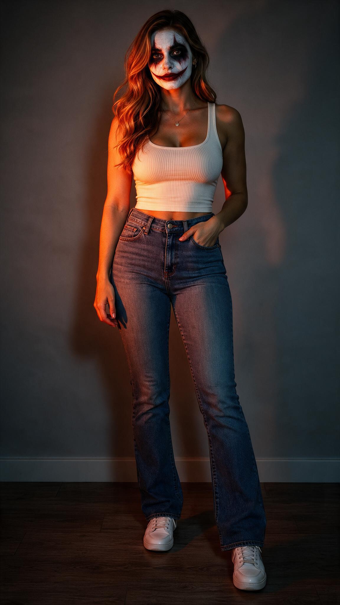 Portrait transformed with the Evil Clown preset, showing clown makeup and dramatic orange lighting