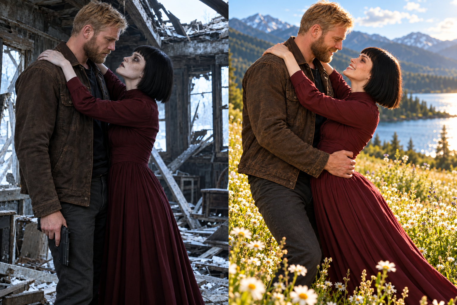 AI-generated concept: a human man and zombie woman in a ruined cabin, beside the same healthy couple embracing in a sunny meadow